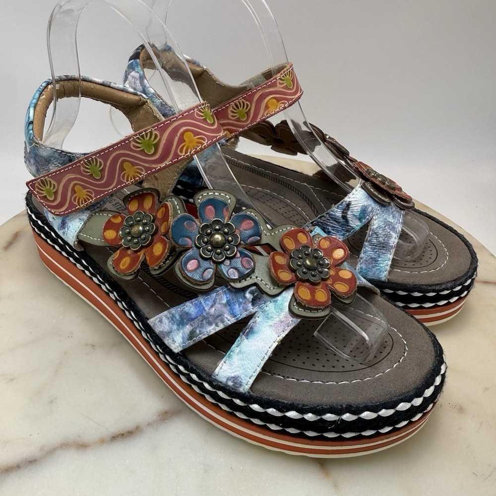L'Artiste by Spring Step Leather Wedge Multi Floral Janayle Sandals 39/8.5 Read!